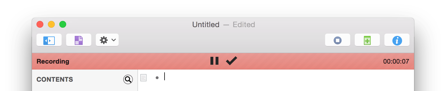 The Recording bar lets you pause, resume, and save audio clips in your OmniOutliner doucment