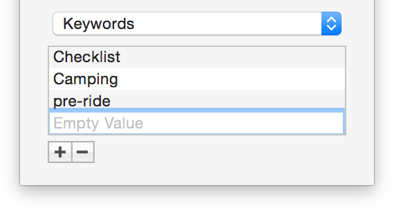 Click Add (the plus-sign button), and then enter the keyword to complete the metadata attribute and value pair