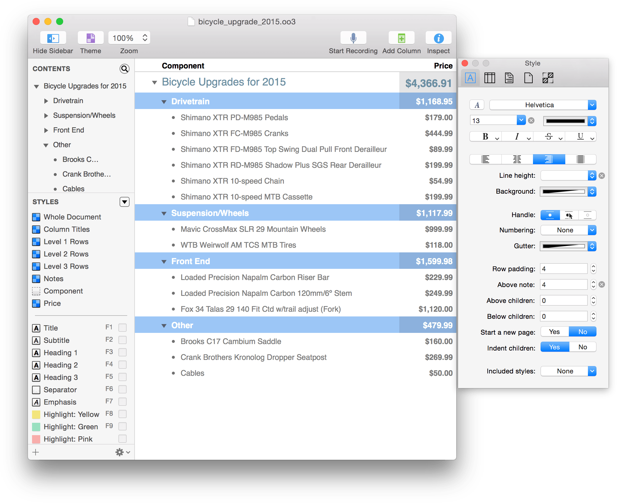 omnioutliner essentials set heading styles