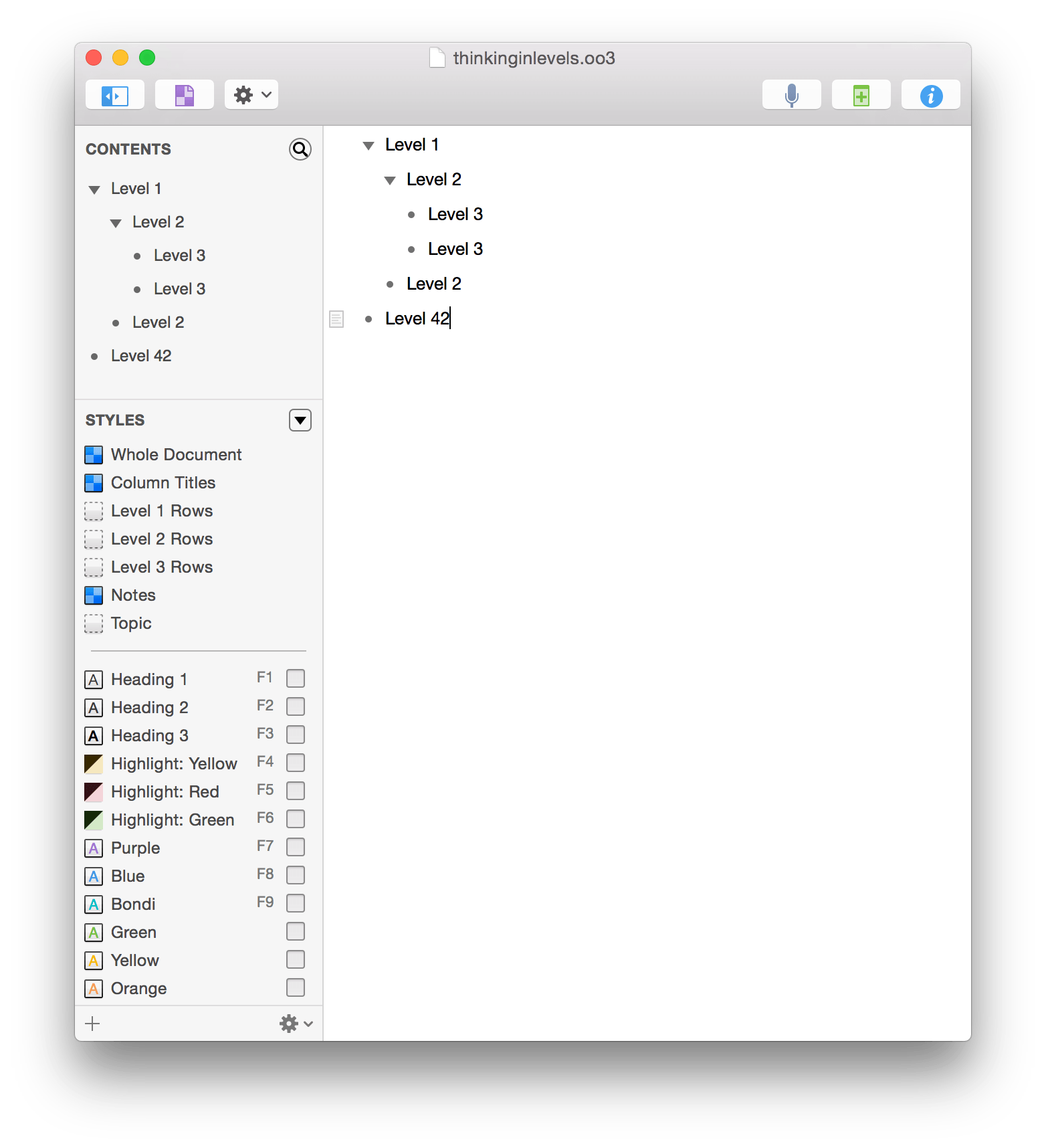 OmniOutliners Sidebar lists the Contents and Styles used in your document