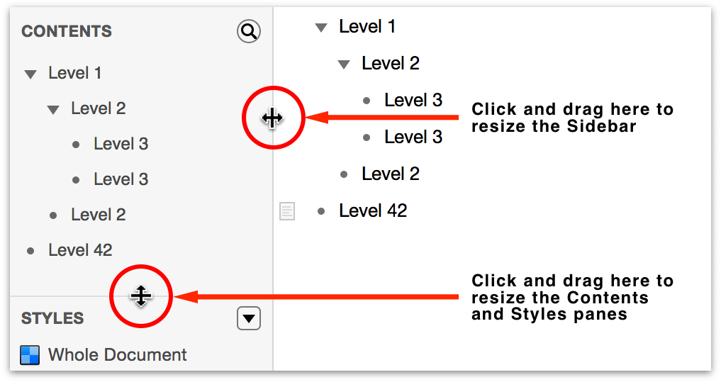 Click and drag the resizing handles to resize the sections of the sidebar, or the sidebar itself