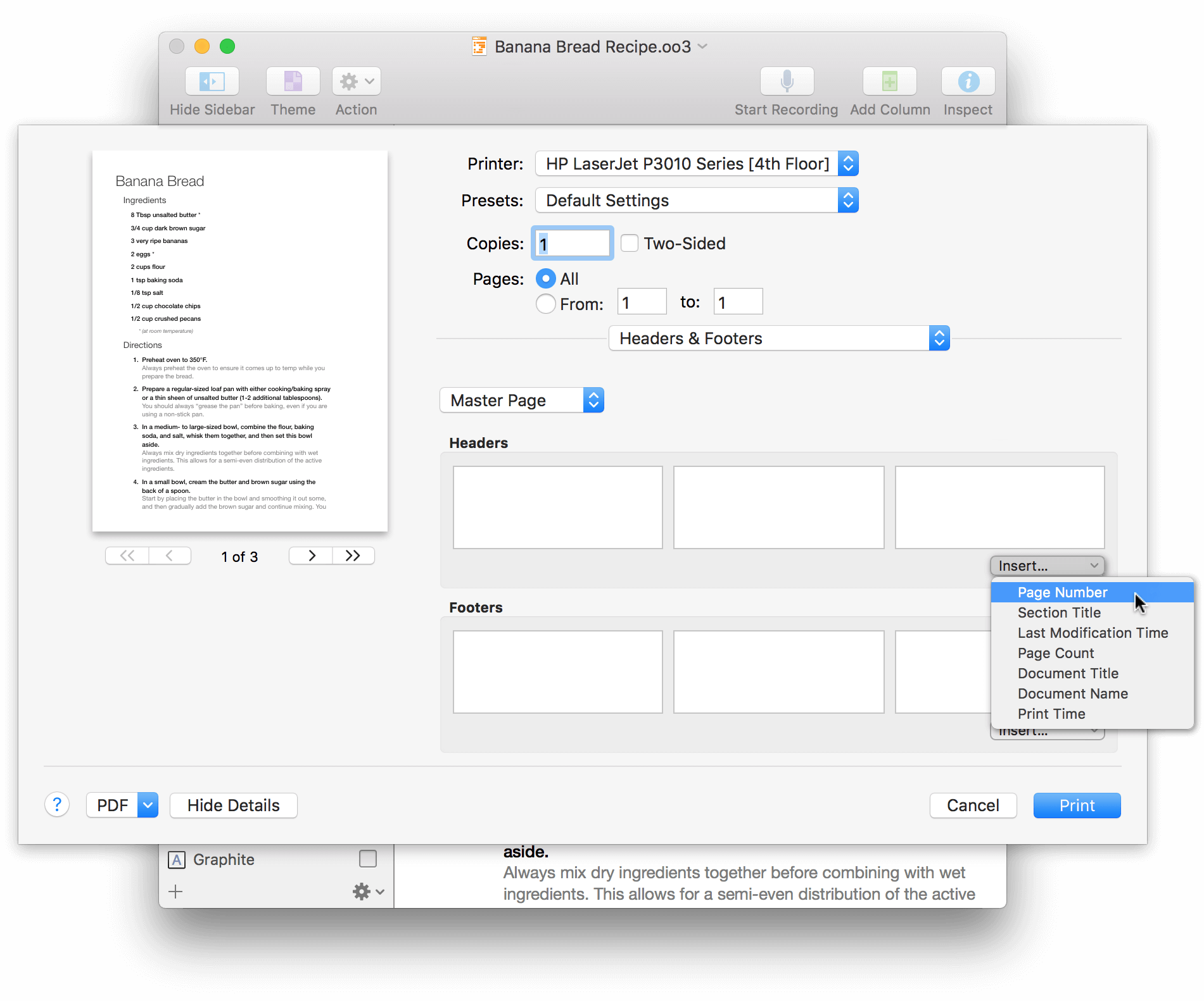 Header and Footer printing options