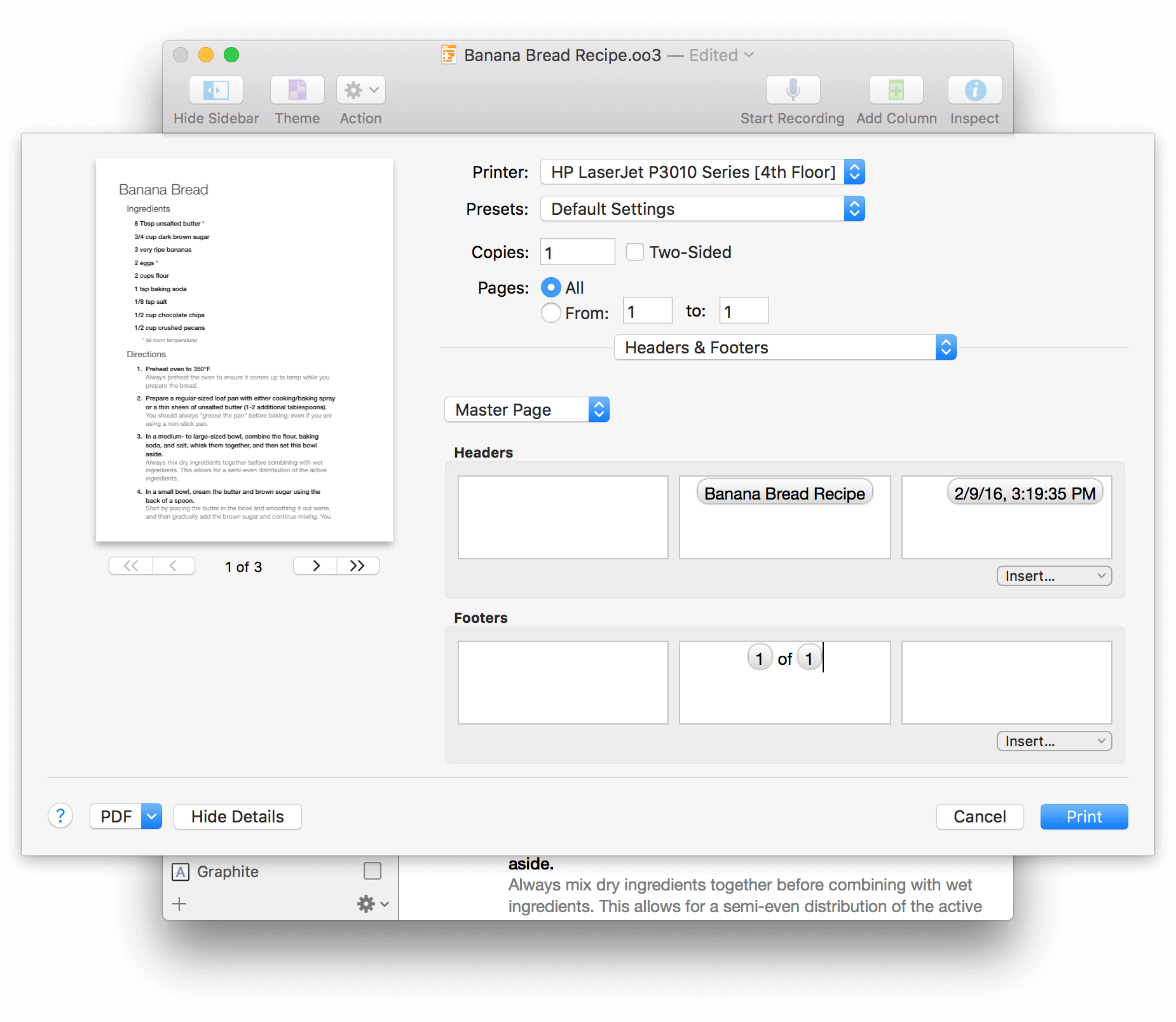 An example of how you can configure the Headers and Footers to print on an OmniOutliner document