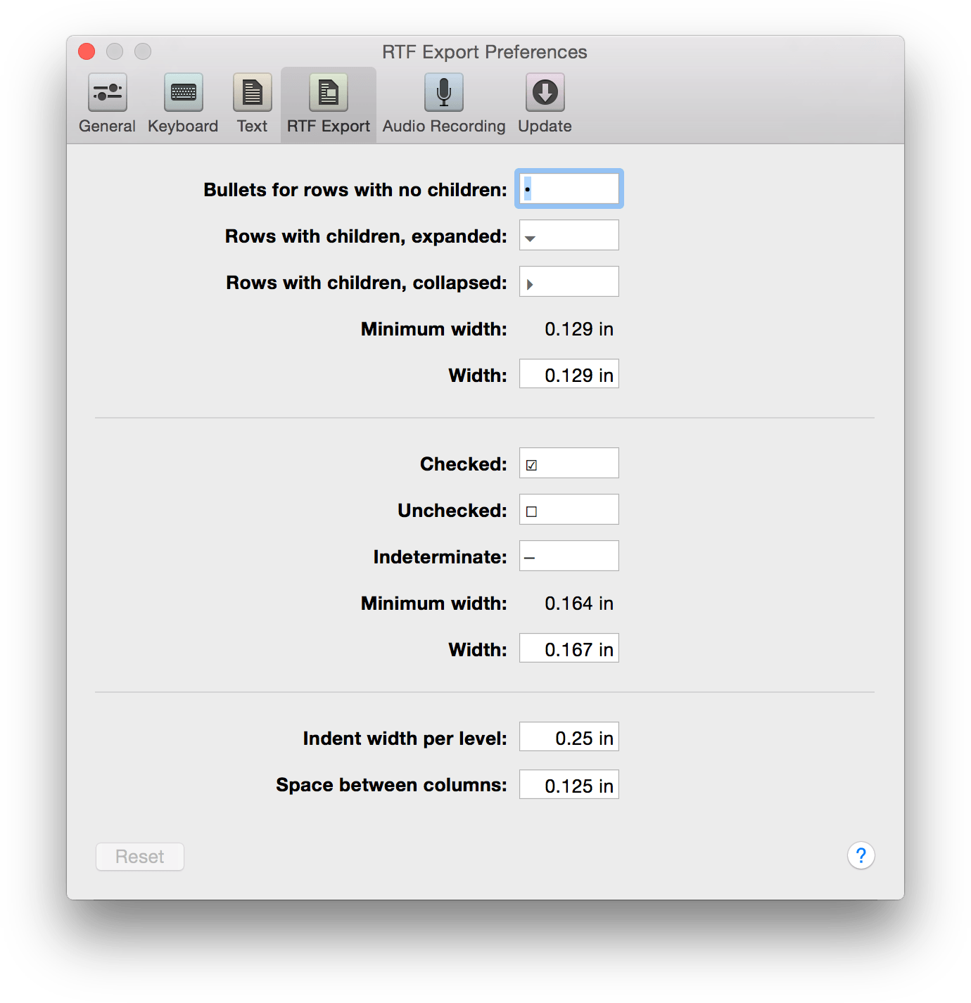 The RTF Export preferences