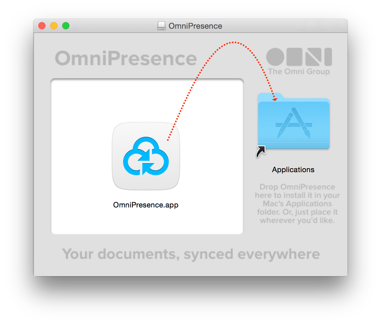 Drag the OmniPresence.app icon over to the Applications folder to install it on your Mac