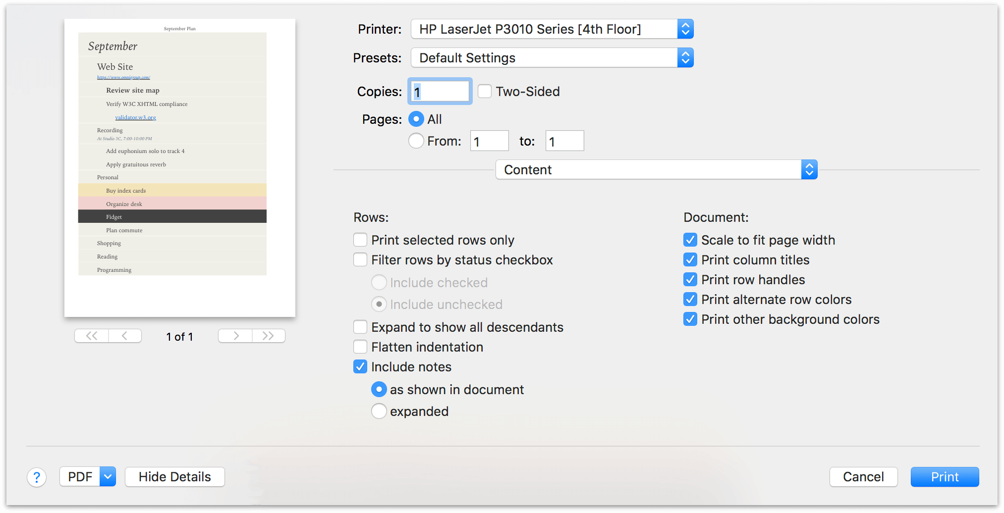 custom print options in OmniOutliner Pro