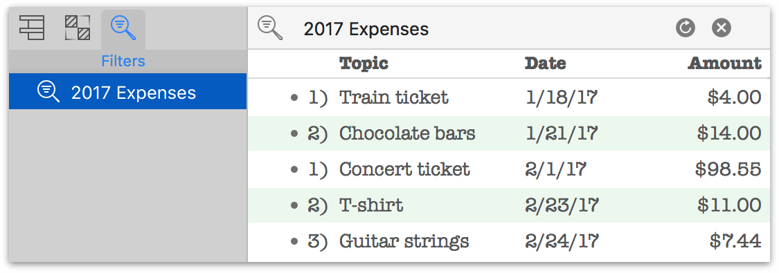 the Filters tab of the Sidebar in OmniOutliner 5 Pro