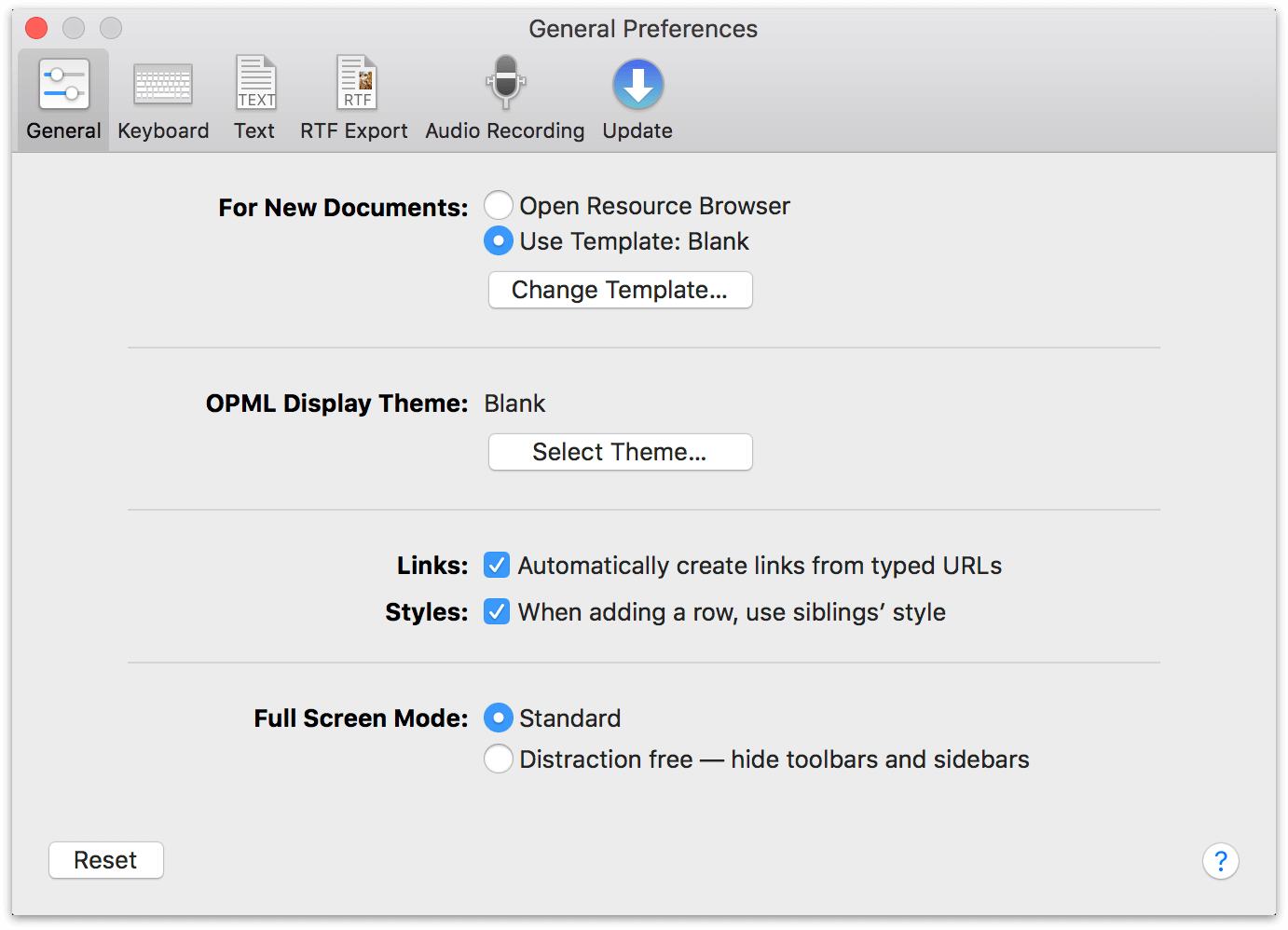 General preferences in OmniOutliner 5 Pro