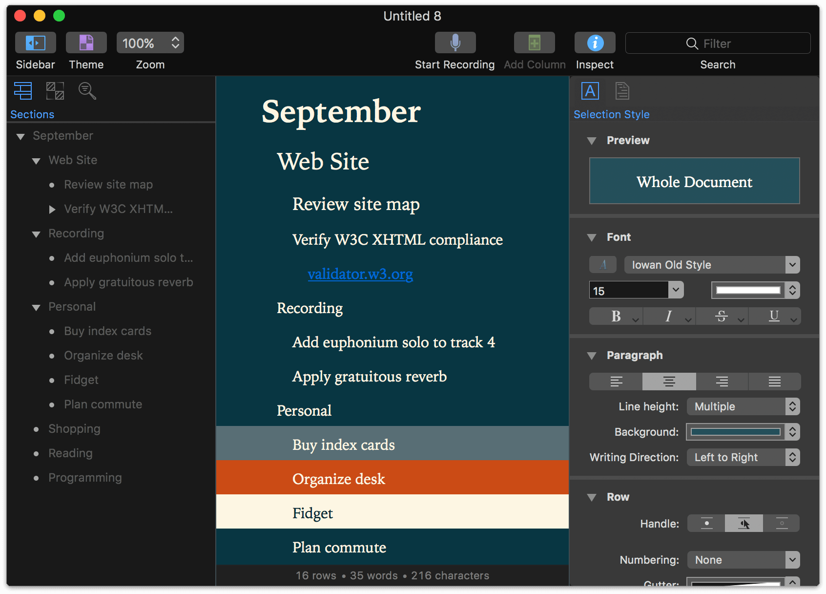 a window with dark mode chrome in OmniOutliner 5 Pro