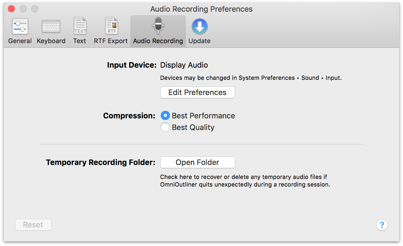 Audio Recording preferences in OmniOutliner 5 Pro