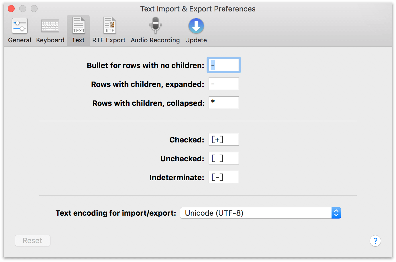 Text Import and Export preferences in OmniOutliner 5 Pro
