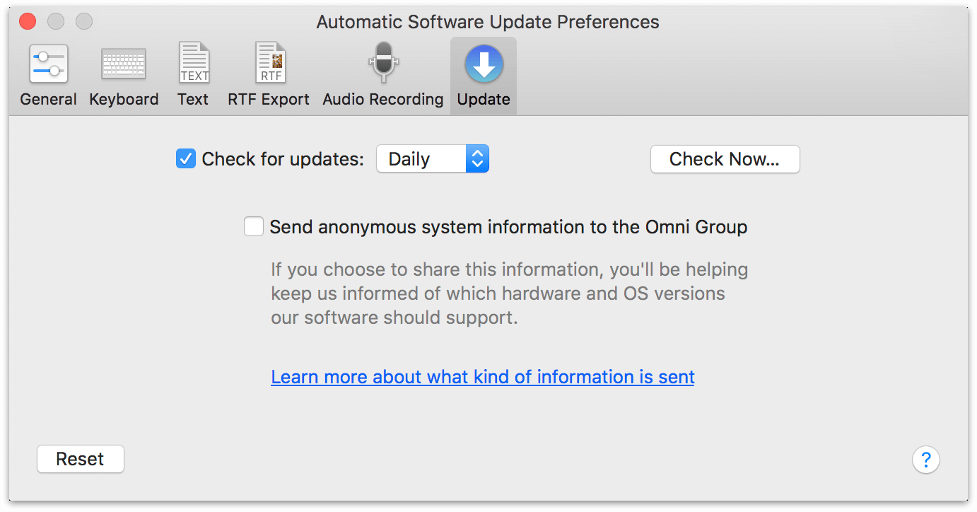 Automatic Software Update preferences in OmniOutliner 5 Pro