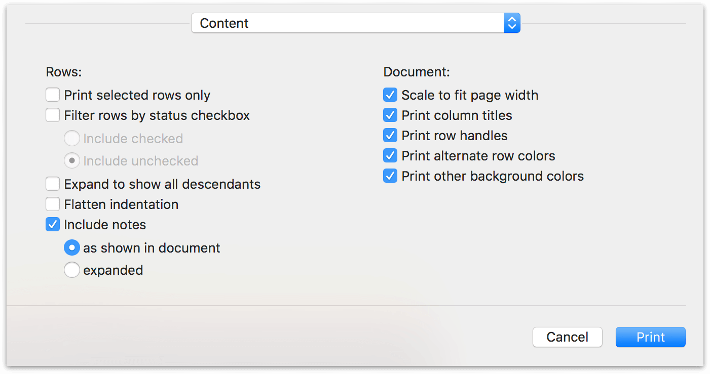 content print options in OmniOutliner Pro