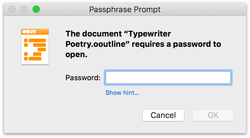 OmniOutliner asks for a password once the document is encrypted
