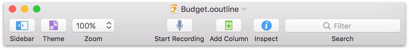 The Toolbar with the default button layout in OmniOutliner 5 Pro