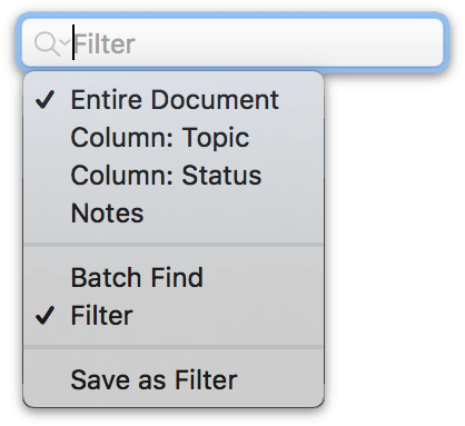 The search field with dropdown menu options in OmniOutliner 5 Pro