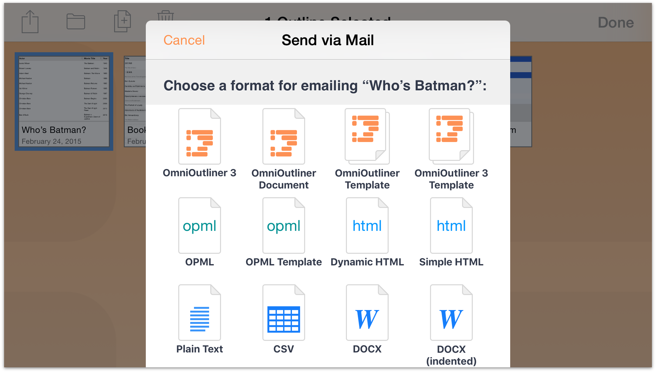 Choose the document format you would like to send as an email attachment.