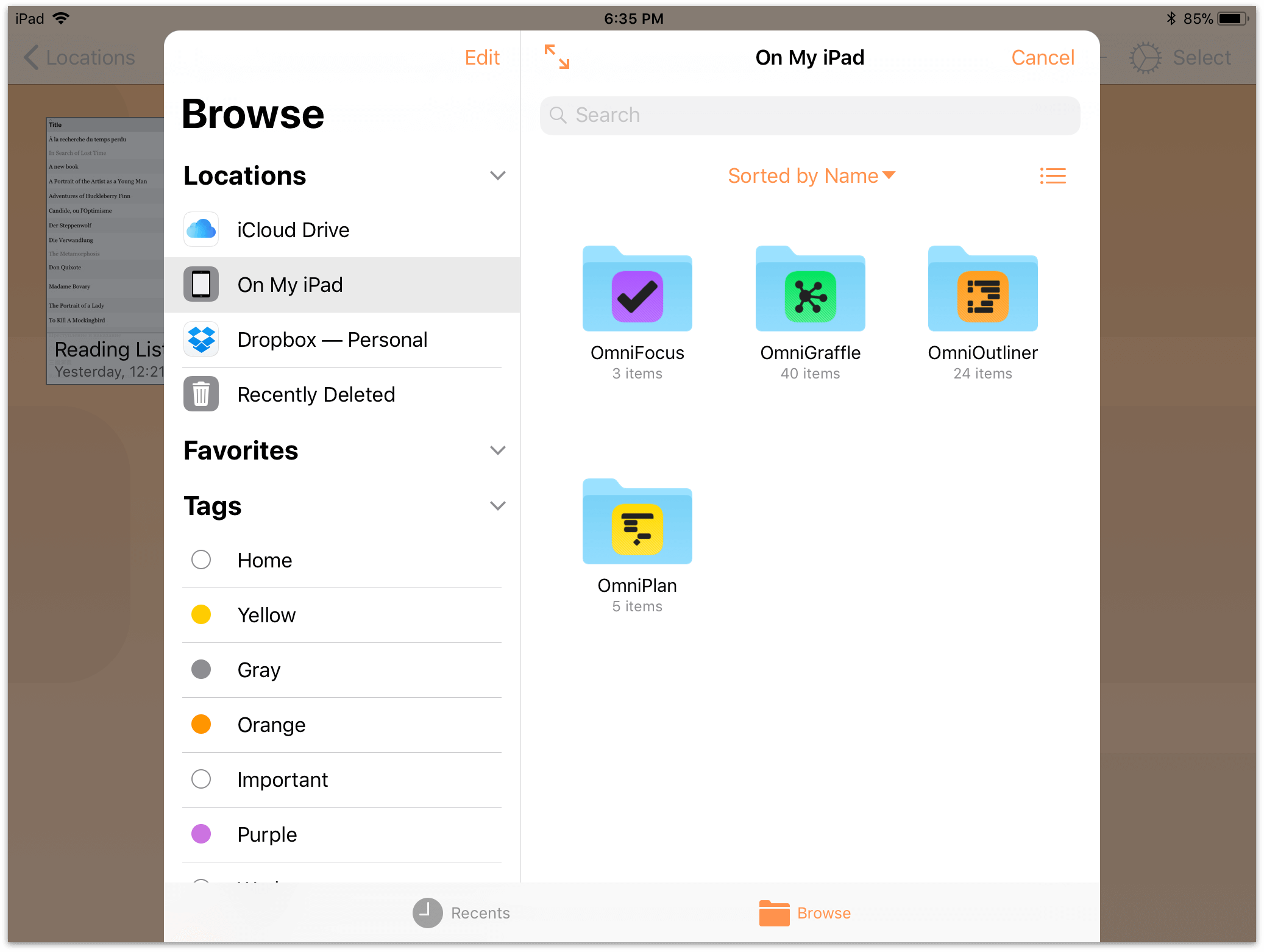 The Files app browser within OmniOutliner 2.11 for iOS.