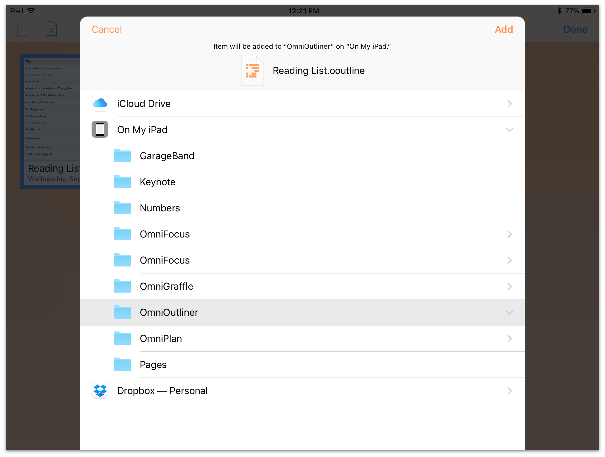 Exporting a cloud document to the local OmniOutliner folder.