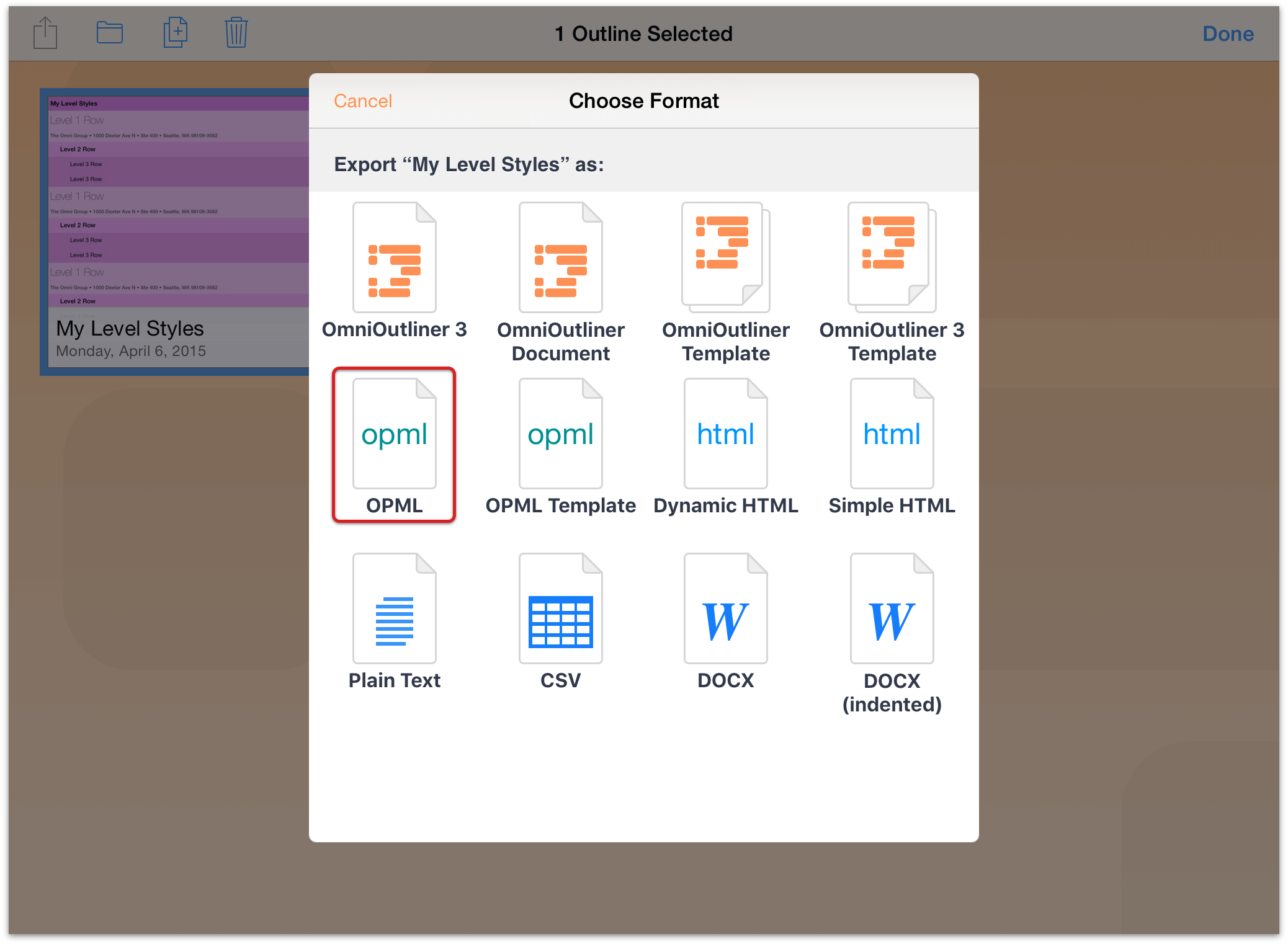 Tap the OPML file icon to export the outline as an OPML document