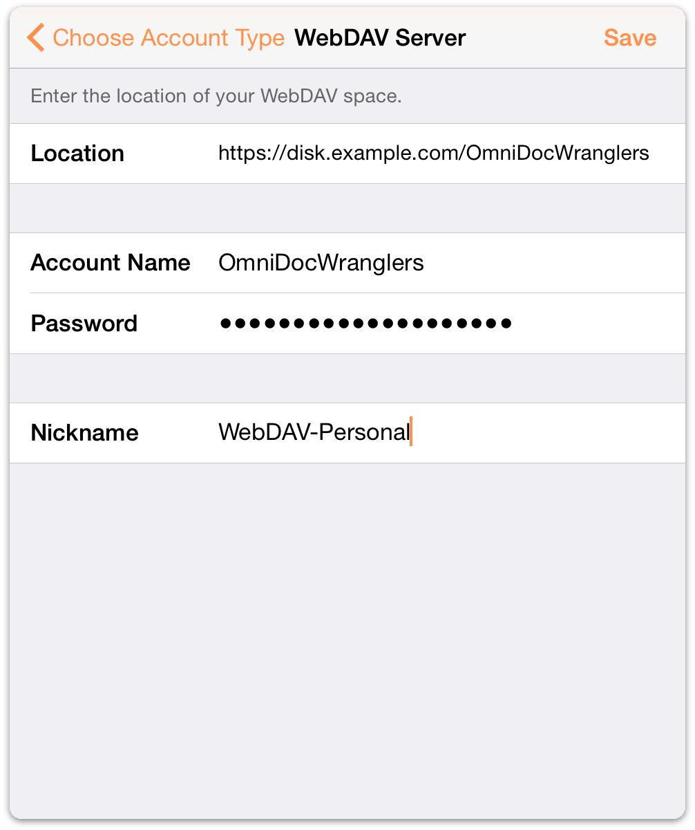 Enter the credentials for your WebDAV account