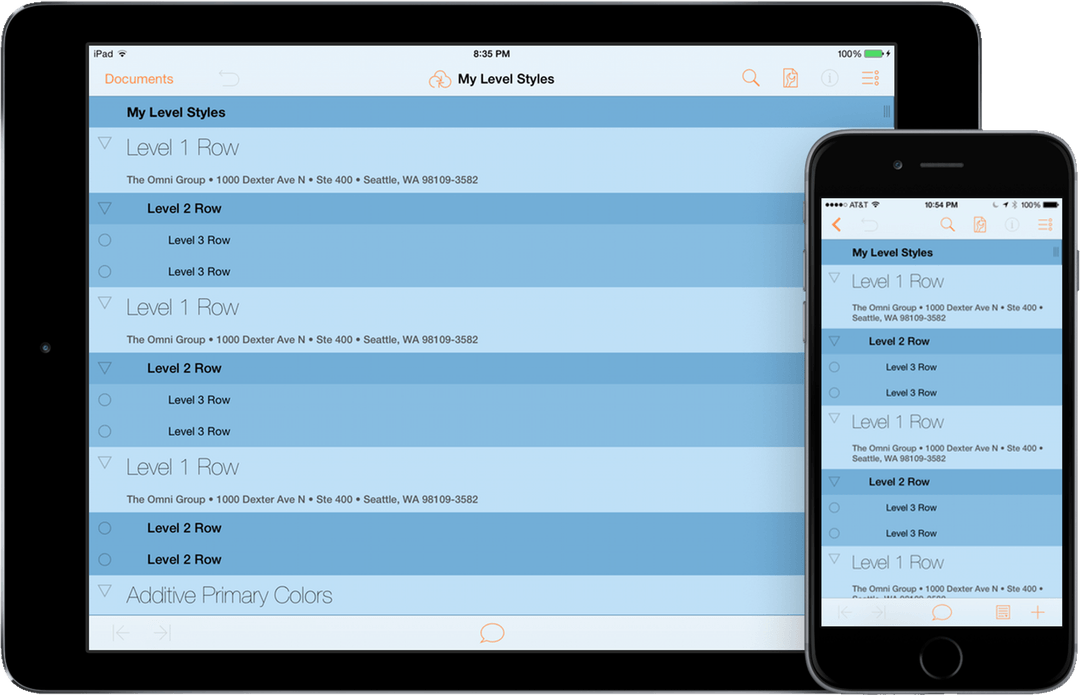 OmniOutliner 2.3 for iOS as shown on an iPad Air 2 and iPhone 6