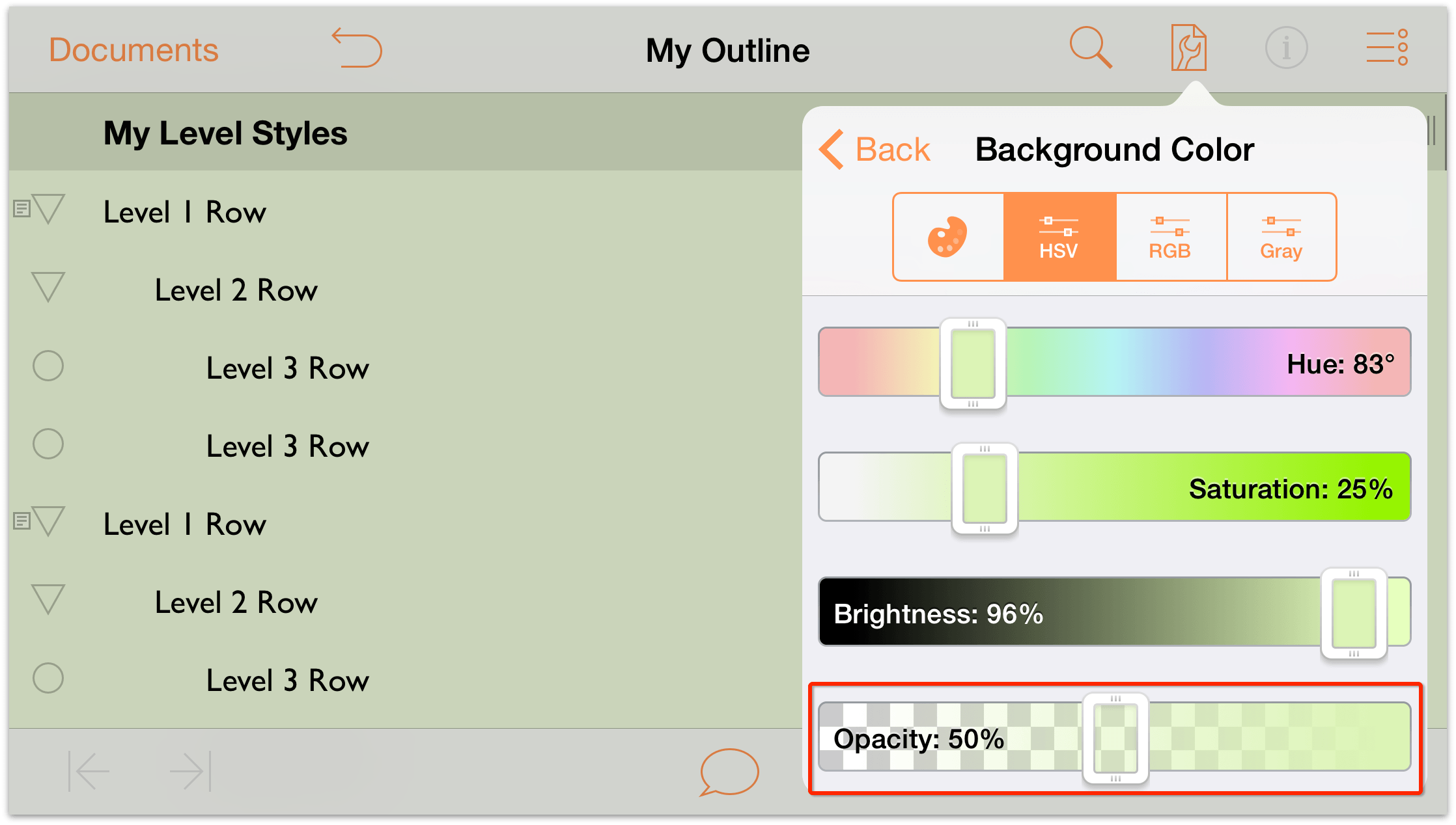 Use the HSV controls to change the background color's opacity