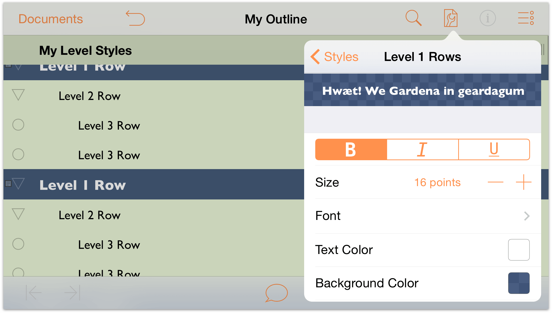 The Level 1 Rows style pane