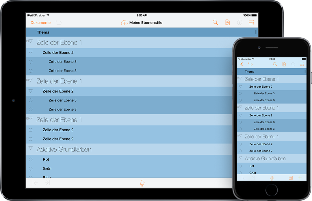 OmniOutliner 2.4 für iOS auf einem iPad Air 2 und iPhone 6