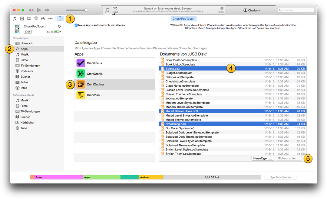 Übertragen von OmniOutliner-Dateien von iTunes zu Ihrem Mac