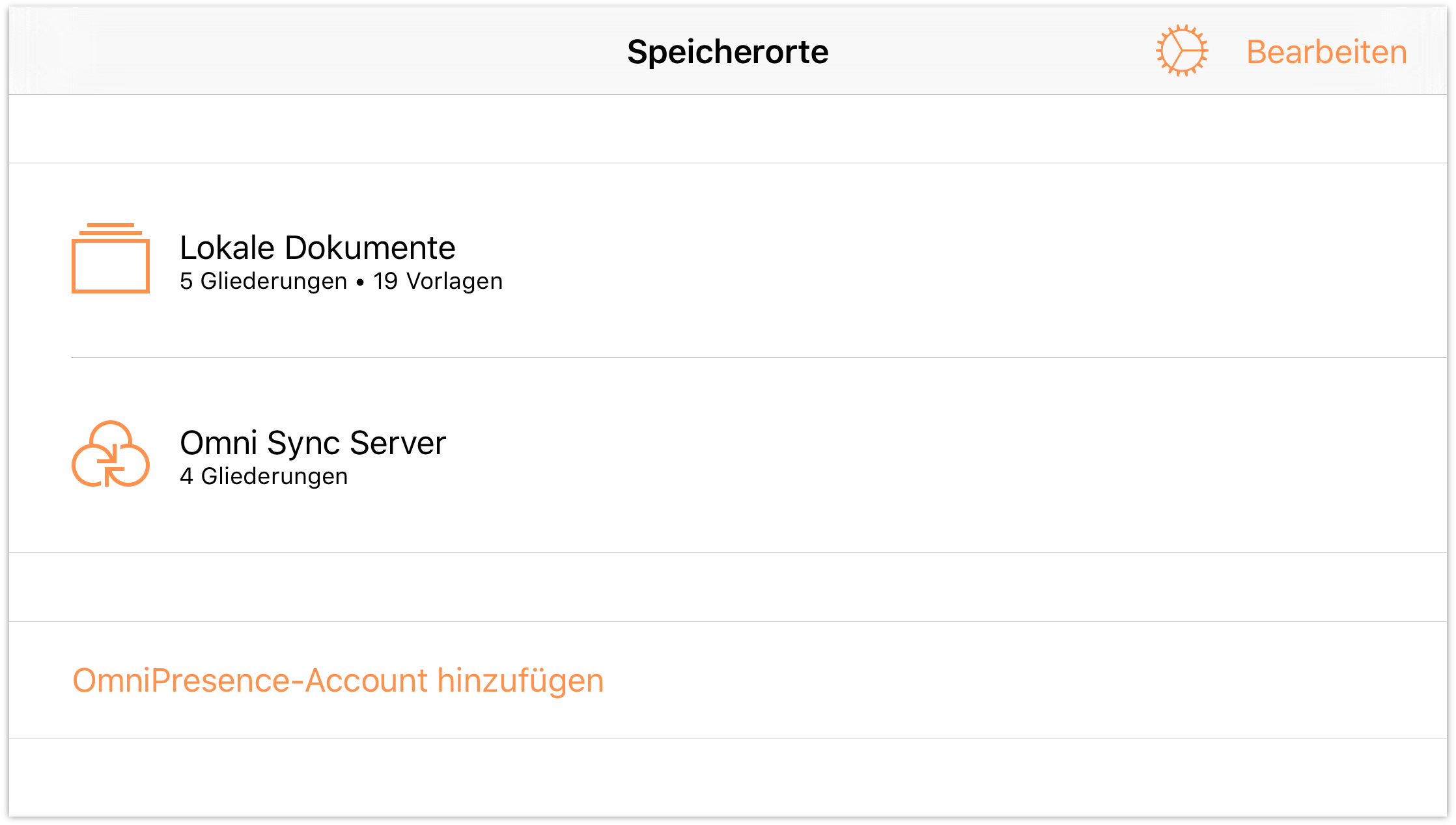 Bildschirm „Speicherorte“ in OmniOutliner für iOS