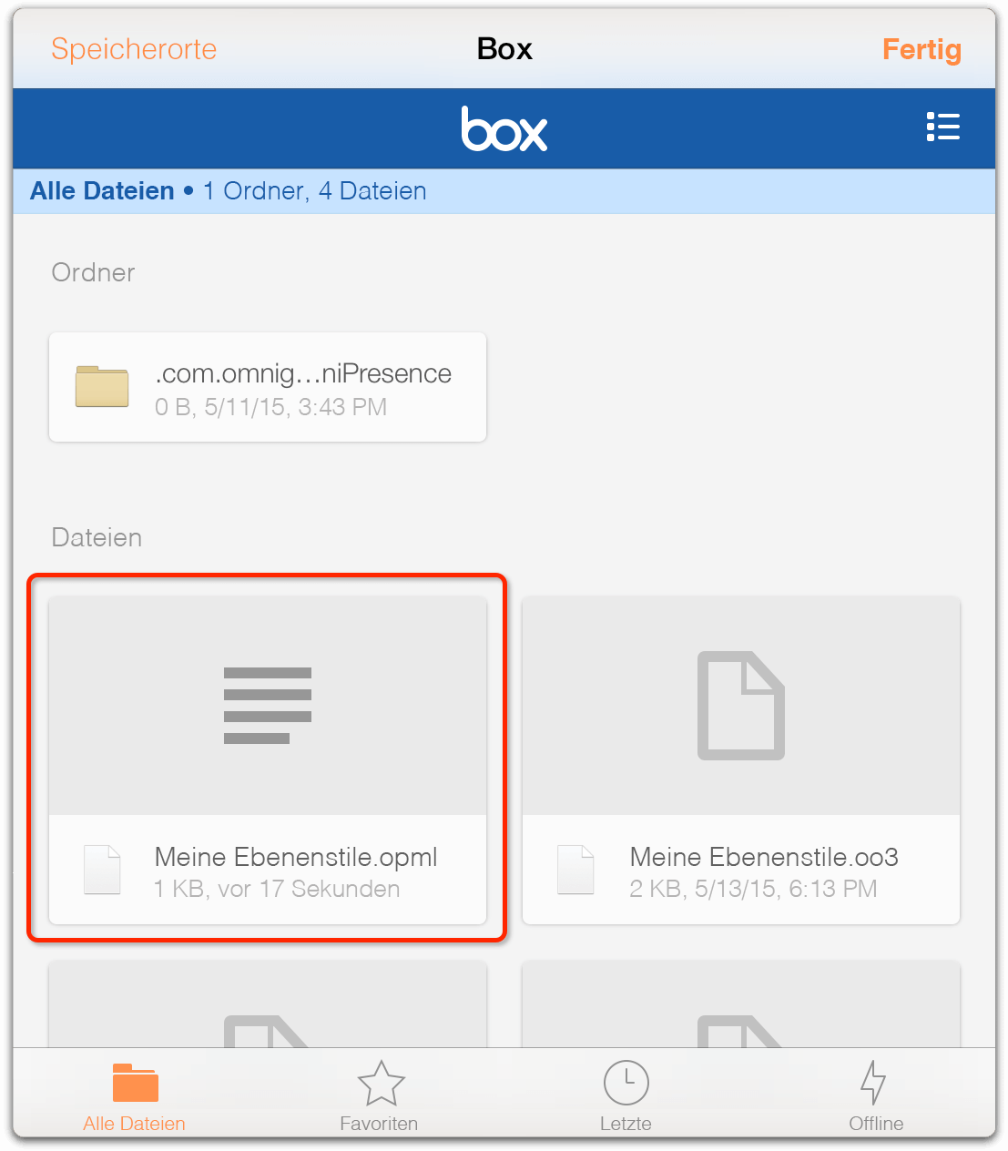 Ein Fenster, in dem die bei Box gespeicherten Dateien, einschließlich der OPML-Datei, angezeigt werden.
