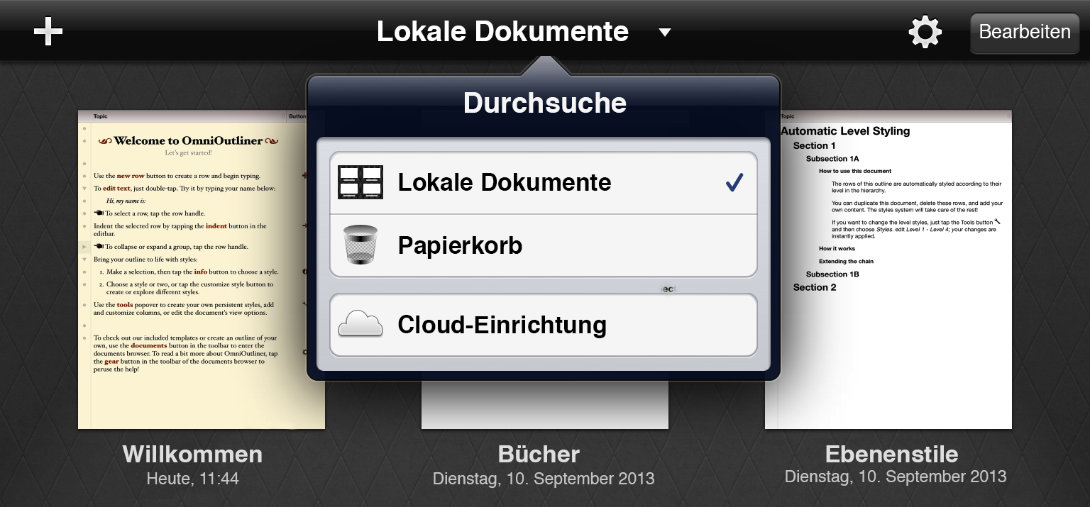 Gehen Sie in der Überblendung der Dokumentübersicht-Symbolleiste von OmniOutliner für iPad 1.x zu „Cloud-Einrichtung“, um die Einstellungen des Cloud-Synchronisierungs-Accounts anzuzeigen.