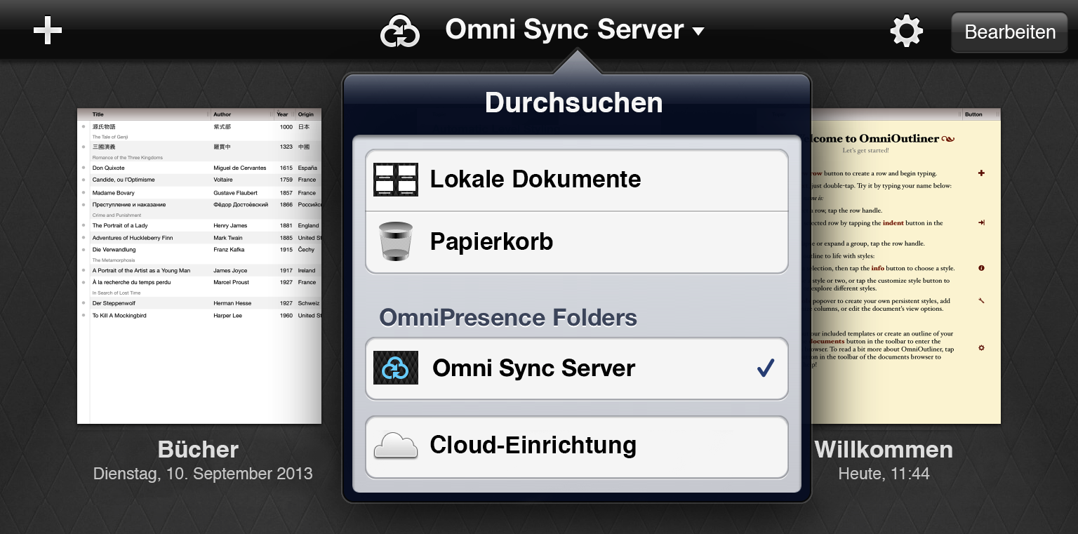 Legen Sie die Dateien, die Sie nach OmniOutliner 2 für iPad übertragen möchten, im Synchronisierungsordner von OmniPresence ab.