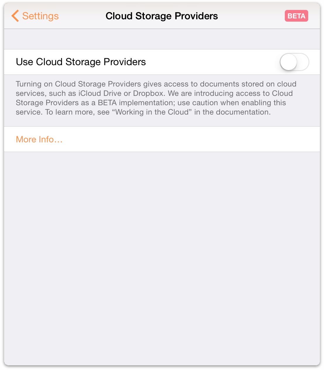 Read the text beneath the switch before turning on the Use Cloud Storage Providers option