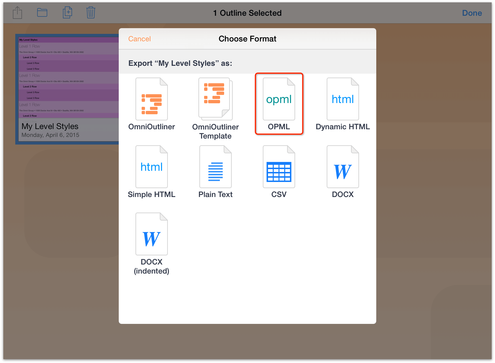 Tap the OPML file icon to export the outline as an OPML document