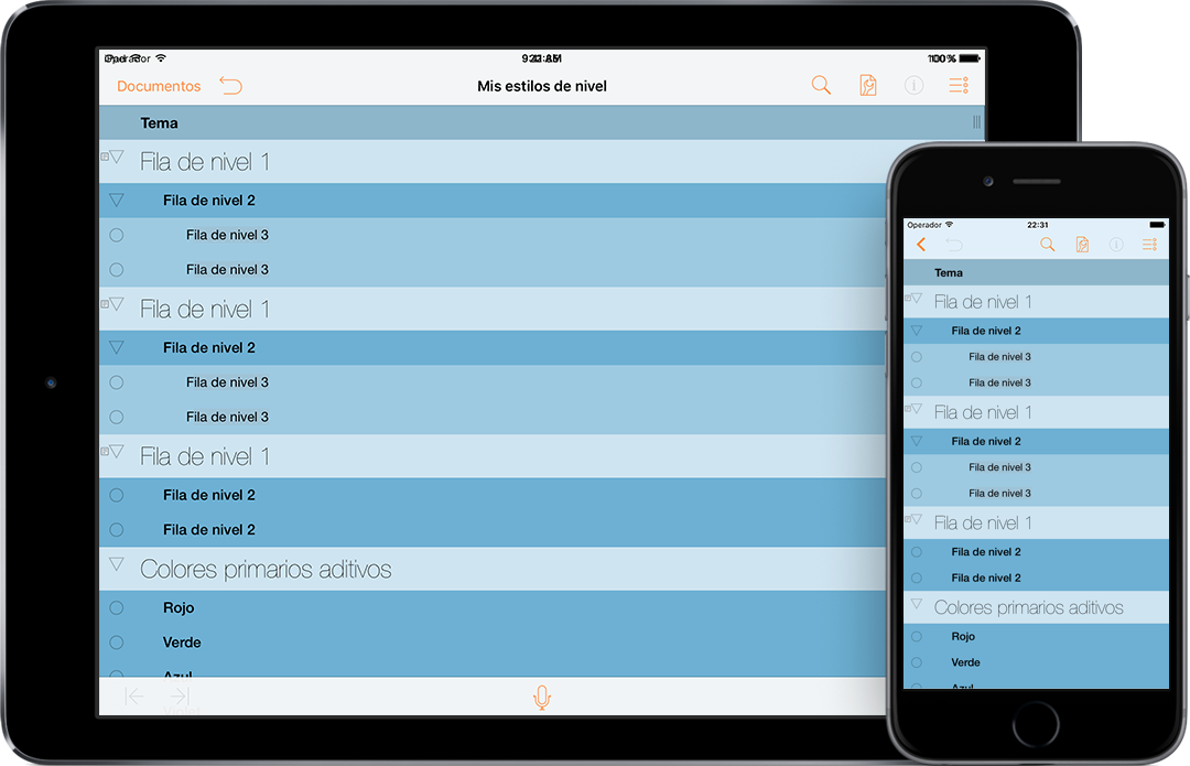 OmniOutliner 2.4 para iOS tal como se ve en un iPad Air 2 y iPhone 6