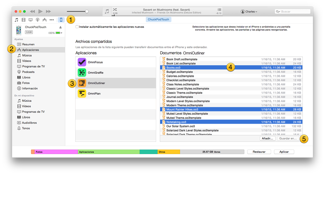 Transfiriendo archivos de OmniOutliner de iTunes al Mac