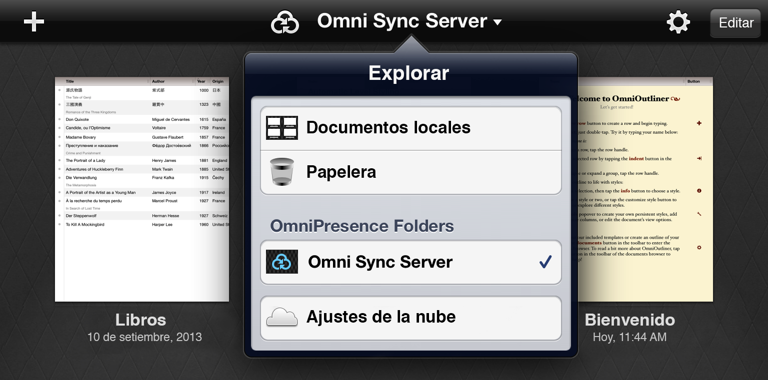 Coloque los archivos que desee transferir a OmniOutliner 2 para iPad en la carpeta de sincronización de OmniPresence.
