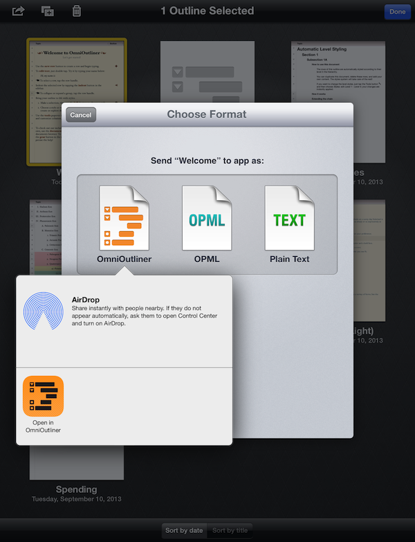 Utilice Enviar a la aplicación para migrar documentos entre versiones de OmniOutliner en el mismo iPad.