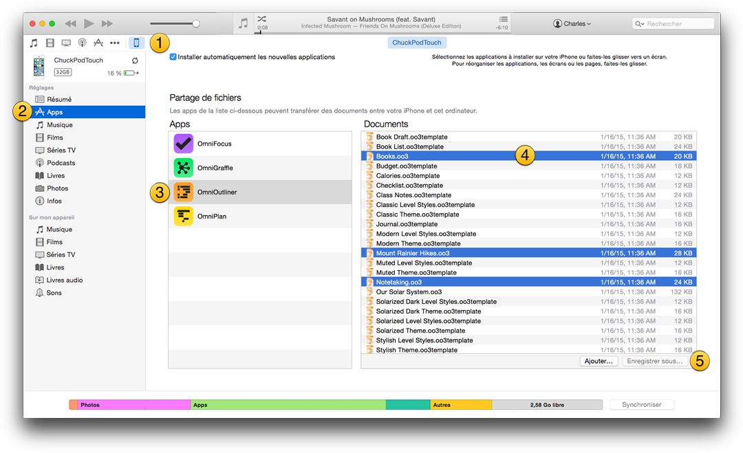 Transfert de fichiers OmniOutliner d'iTunes vers votre Mac