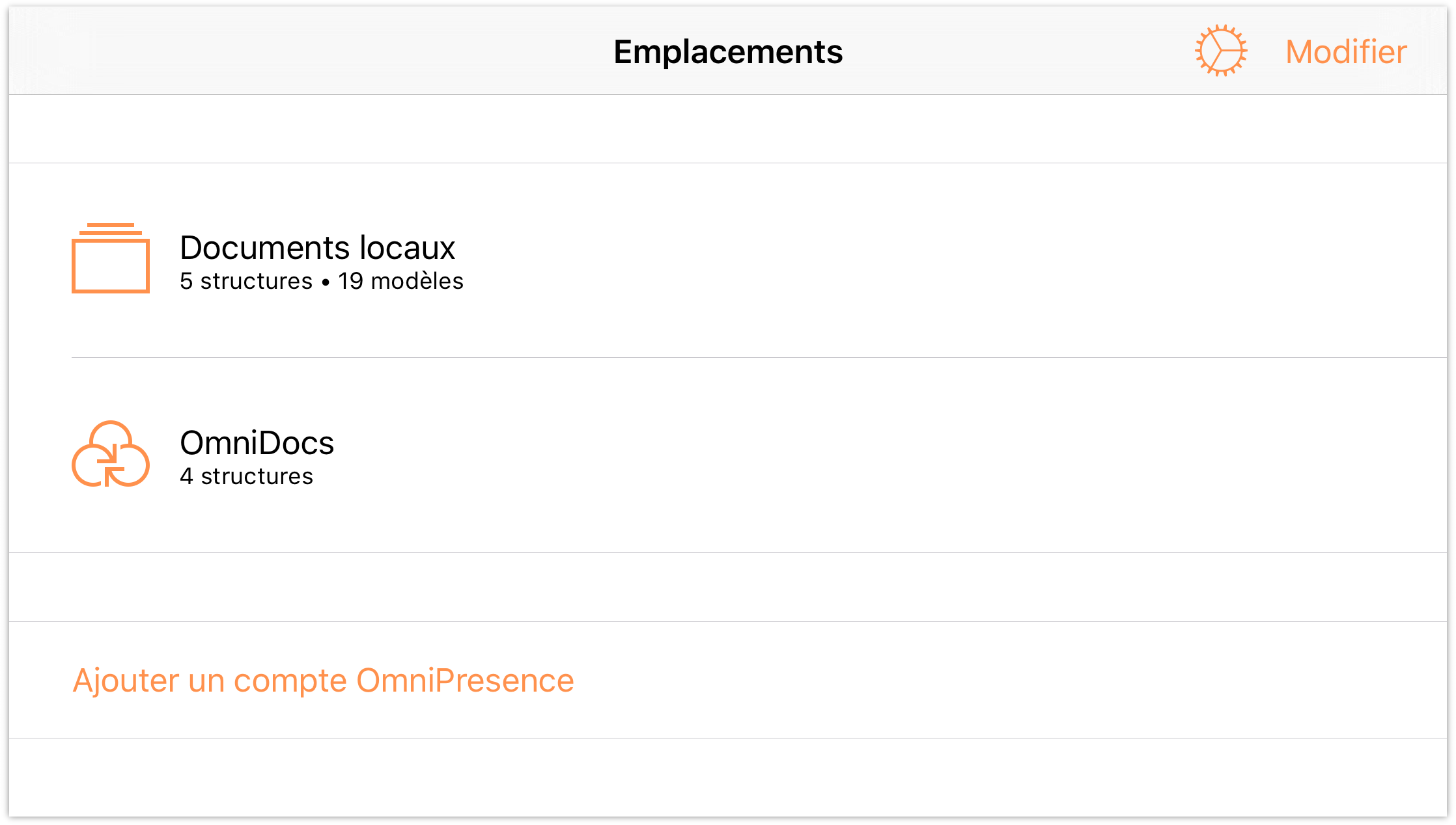 Écran Emplacements dans OmniOutliner pour iOS