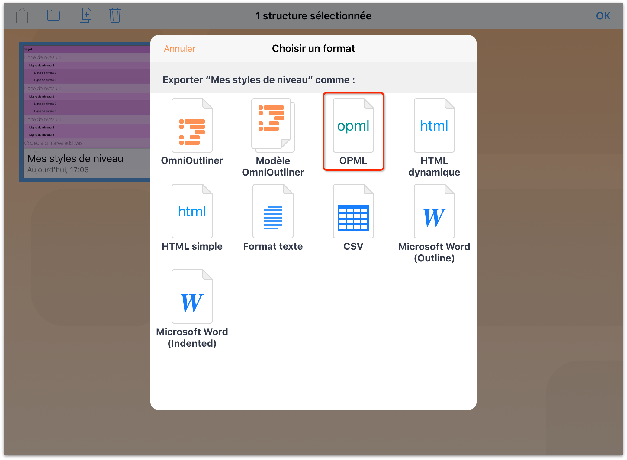 Touchez l'icône du fichier OPML pour exporter la structure en tant que document OPML.