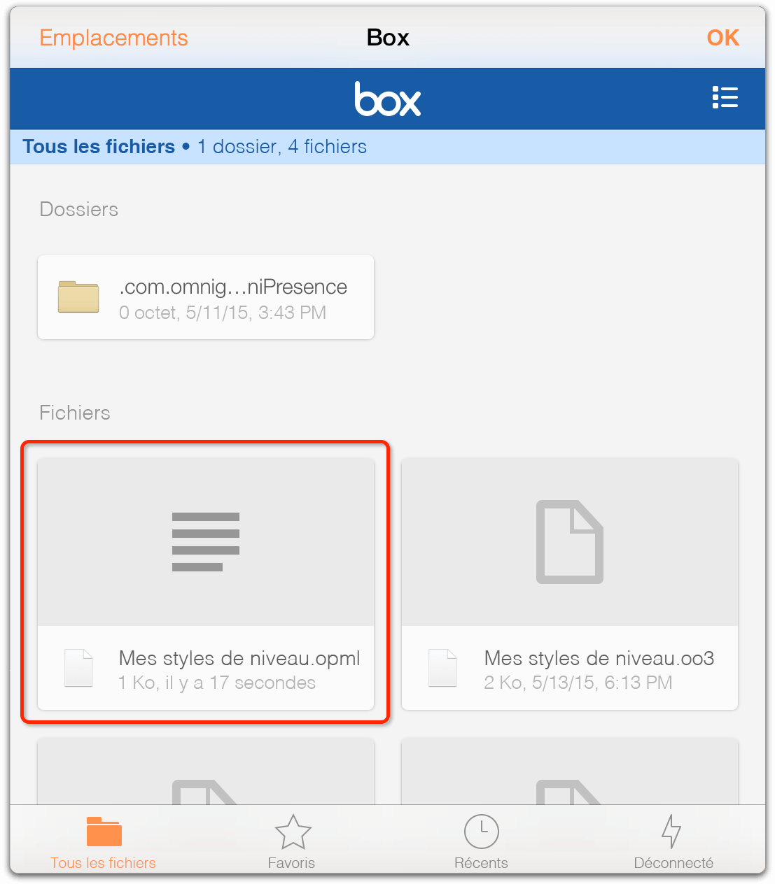 Fenêtre contenant les fichiers stockés sur Box, y compris le fichier OPML