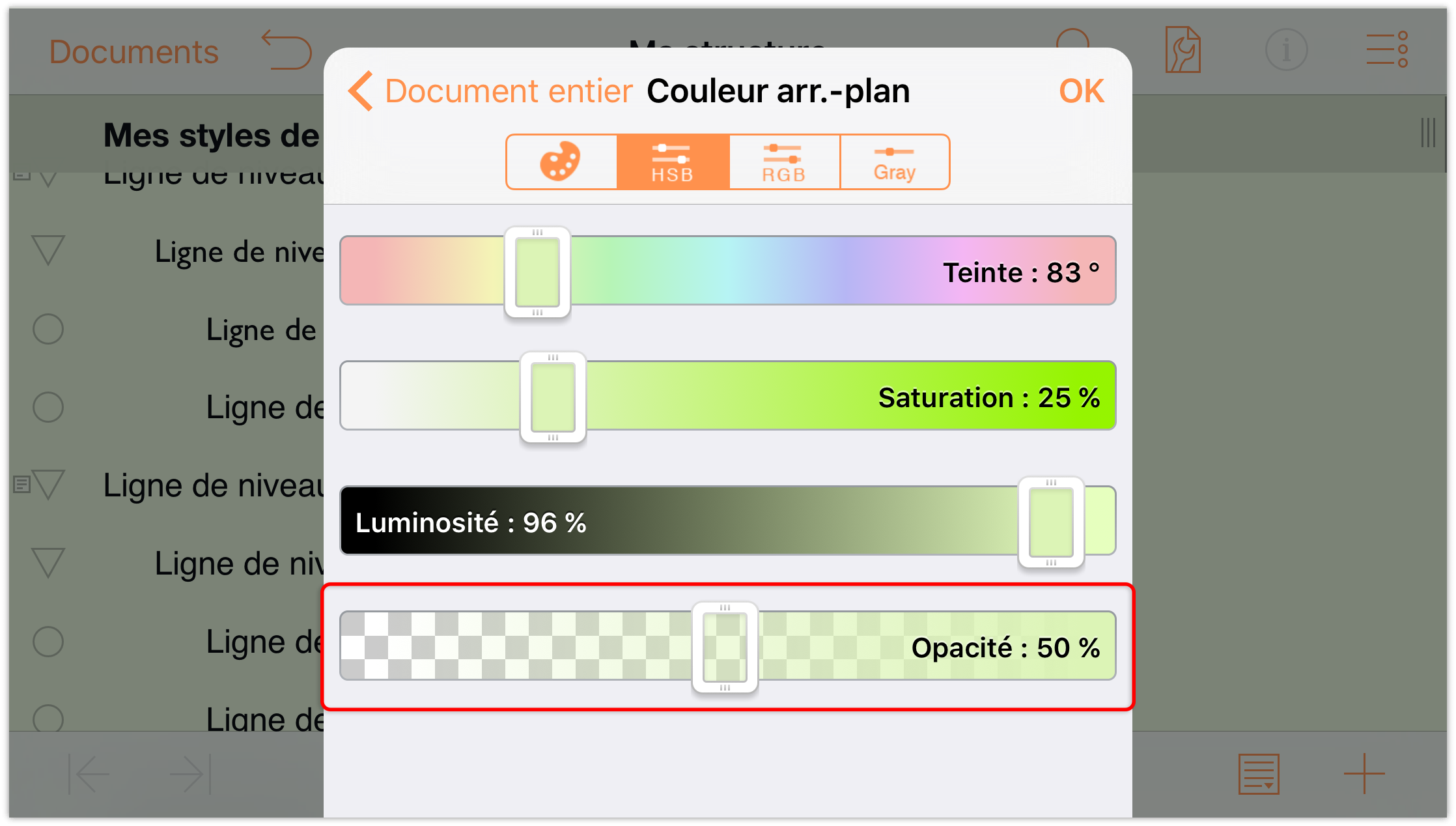 Utilisez les commandes TSV pour changer l'opacité de la couleur d'arrière-plan