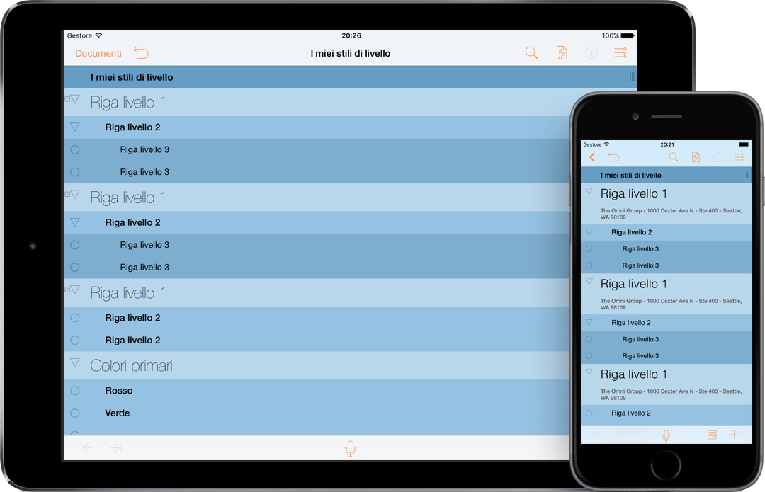 OmniOutliner 2.4 per iOS in esecuzione su iPad Air 2 e iPhone 6