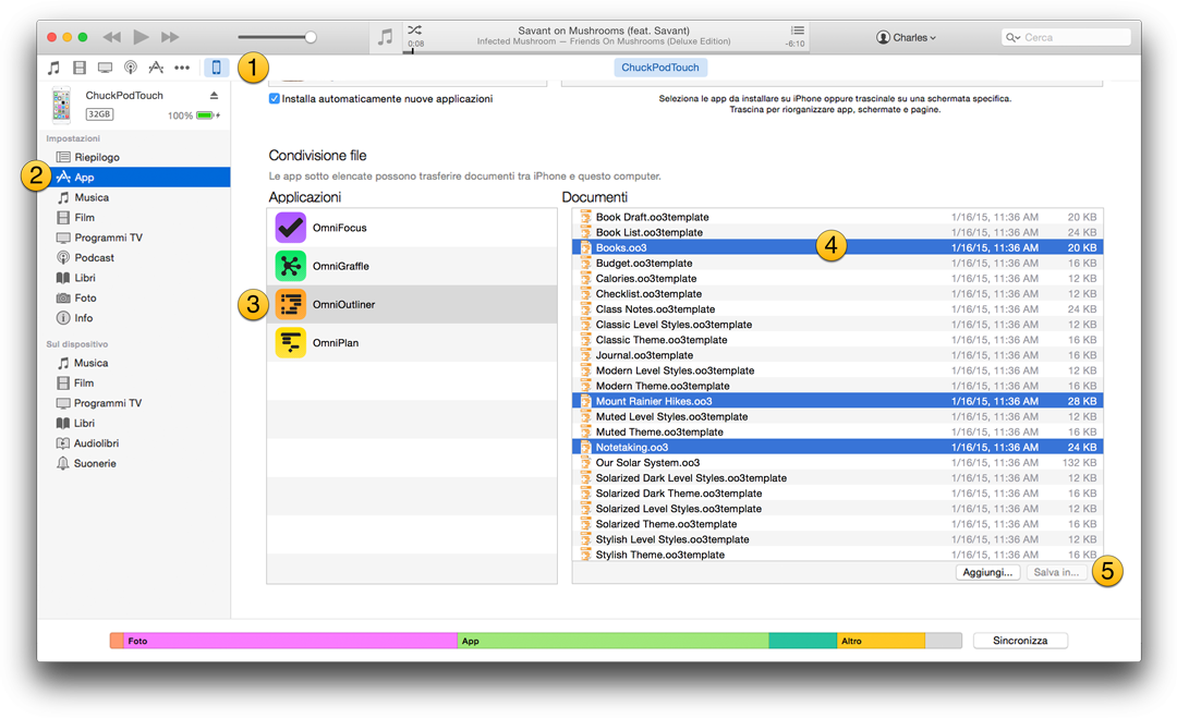 Trasferimento di file di OmniOutliner da iTunes al Mac