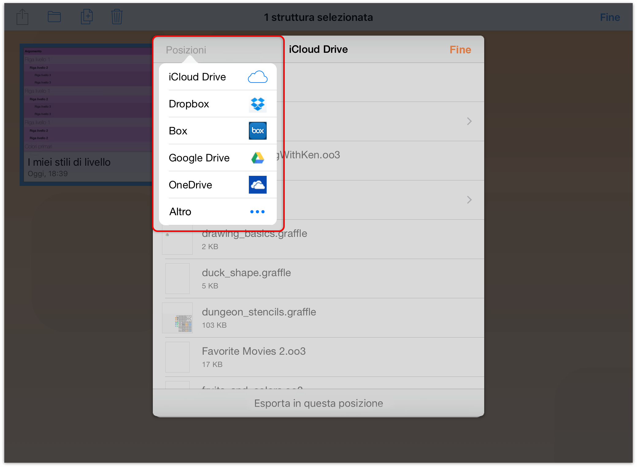 Il menu Posizioni mostra i provider di archiviazione cloud disponibili sul tuo dispositivo