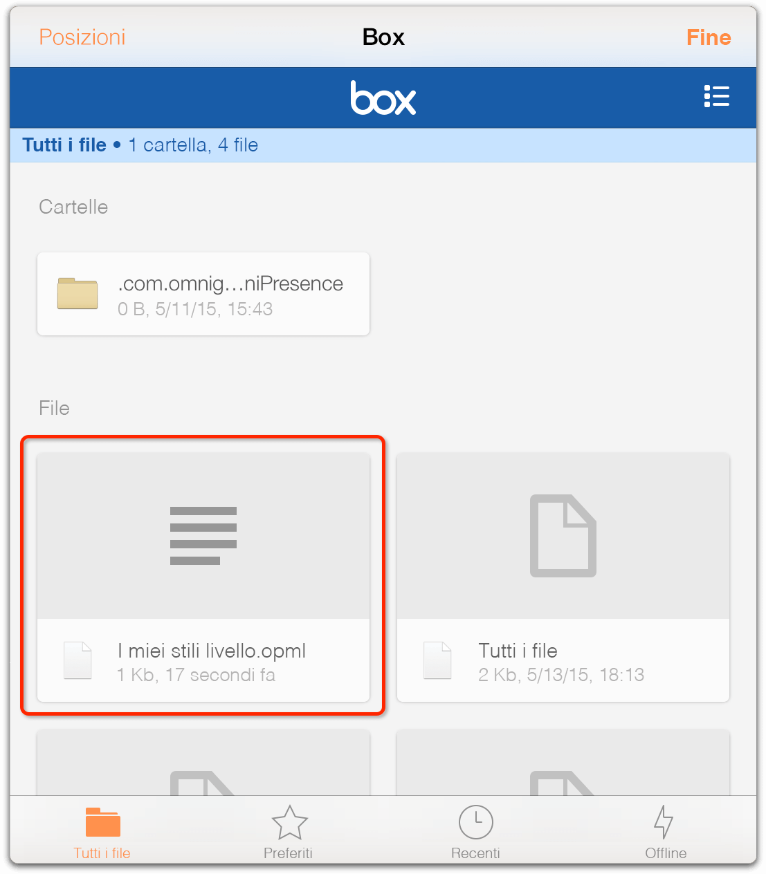 Una finestra che mostra i file archiviati su Box, compreso il file OPML