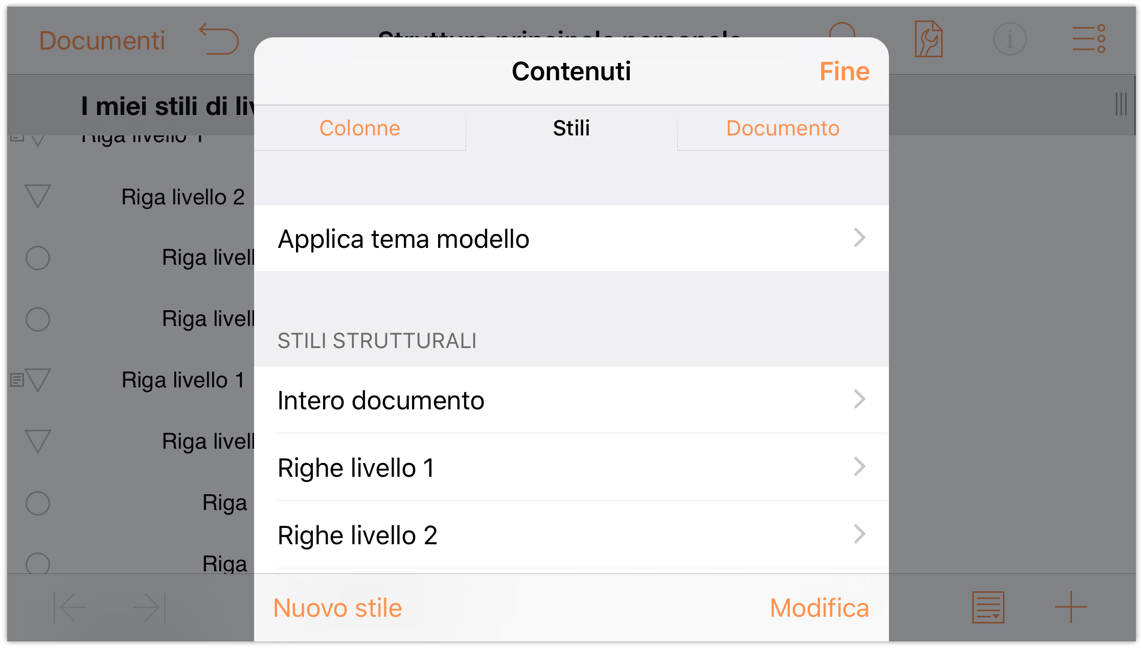 Il menu Contenuti su un iPhone 6 Plus con orientamento orizzontale